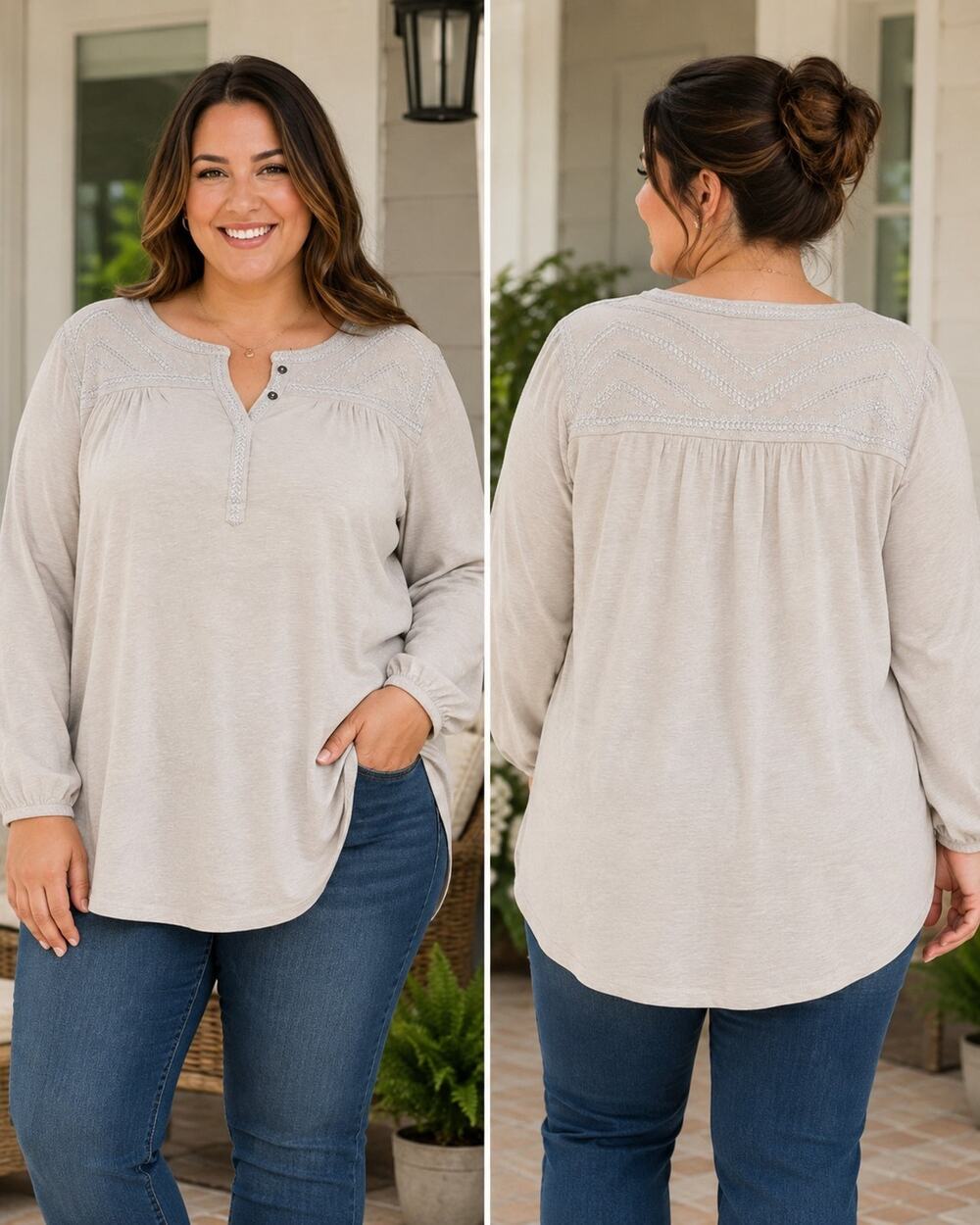 Lucky Brand Embroidered Henley Peasant Tunic Top 2X Beige Boho NWT
